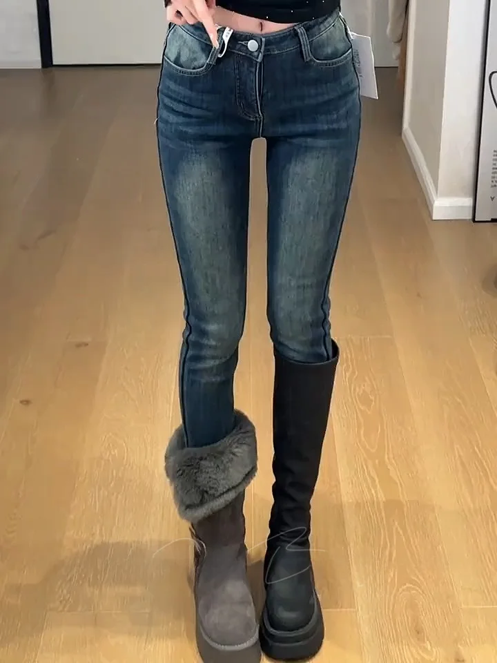 

High Waist Fleece Lined Vintage Washed Bleached Denim Jeans Women's Autumn Winter New Style Slimming Versatile Pencil Pants