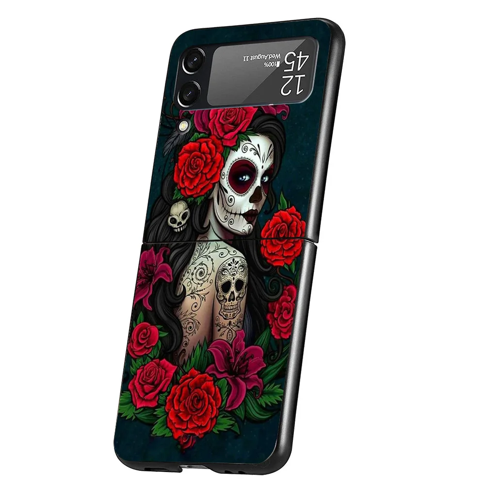 Catrina Beautiful Rose Girl Skull Case Phone Cover for Samsung Galaxy Z Flip 6 5 4 3 5G ZFlip6 ZFlip5 ZFlip4 ZFlip3 Black Hard T image 2