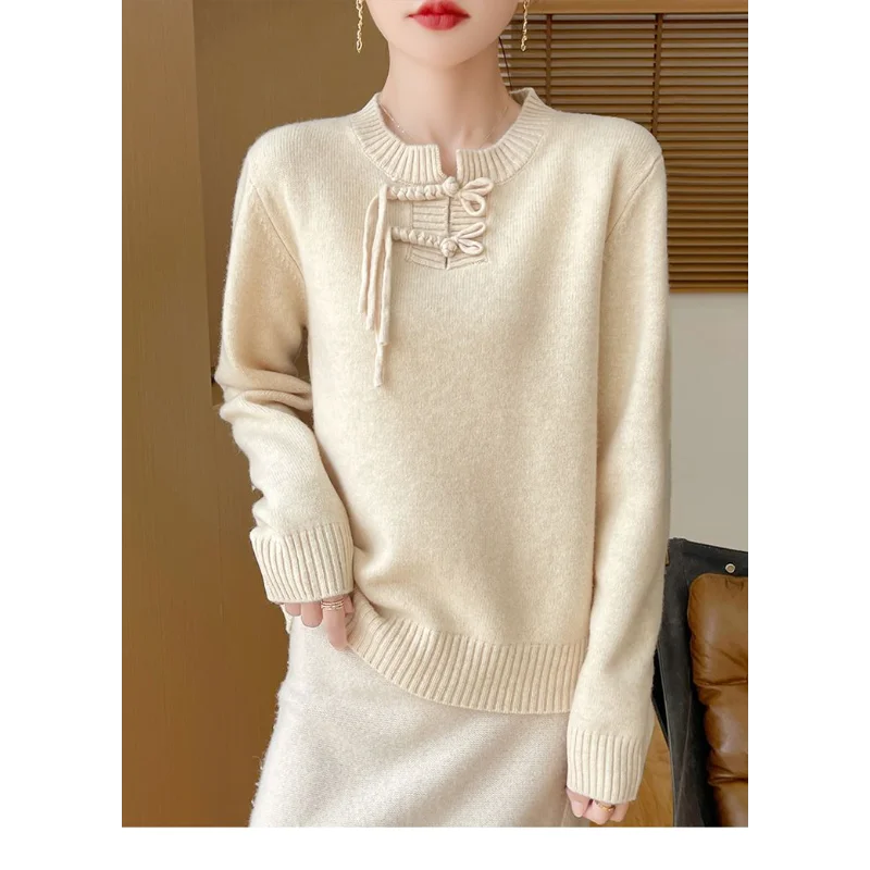 New Autumn Winter Encore Red Fashionable Buckle Sweater Mother Dress Chinese Knitted Base Shirt for Women