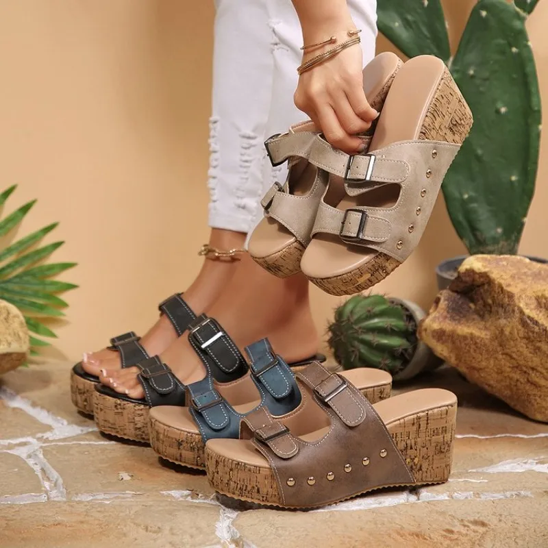 

Womens Summer Wedge Sandals Double Buckle Platform Slippers Open Toe Rivet Studs Cork Sole Comfortable Vintage Walking Mules Hot
