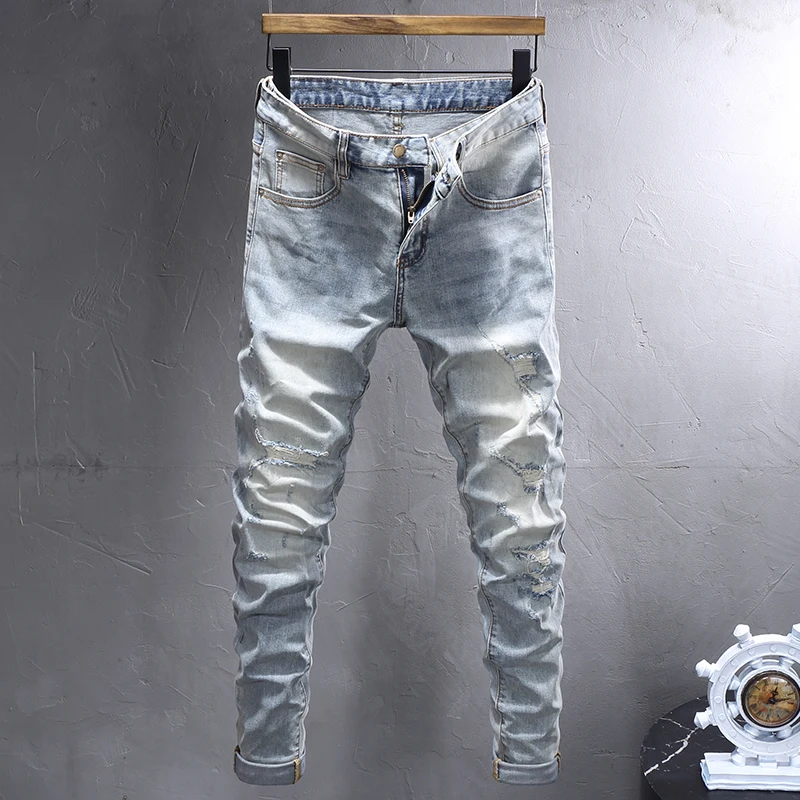 Street Fashion Men Jeans Retro Light Blue Stretch Slim Fit Patched Designer Ripped Jeans Men Vintage Casual Denim Pants Hombre