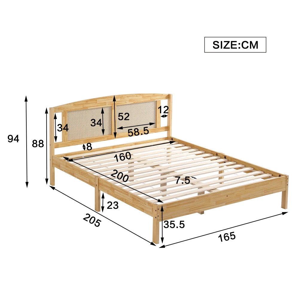 PINGGO Naturrattan-Doppelbett 160x200cm Kiefernholz PE-Rattan 15 Latten Mittelstützfüße Rattan-Netzkissen Ohne Matratze – Detail 7