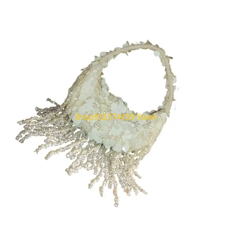 

G5AE Elegant French Tassels Chain Evening Bag with Sequins Beads Top Handle Purse