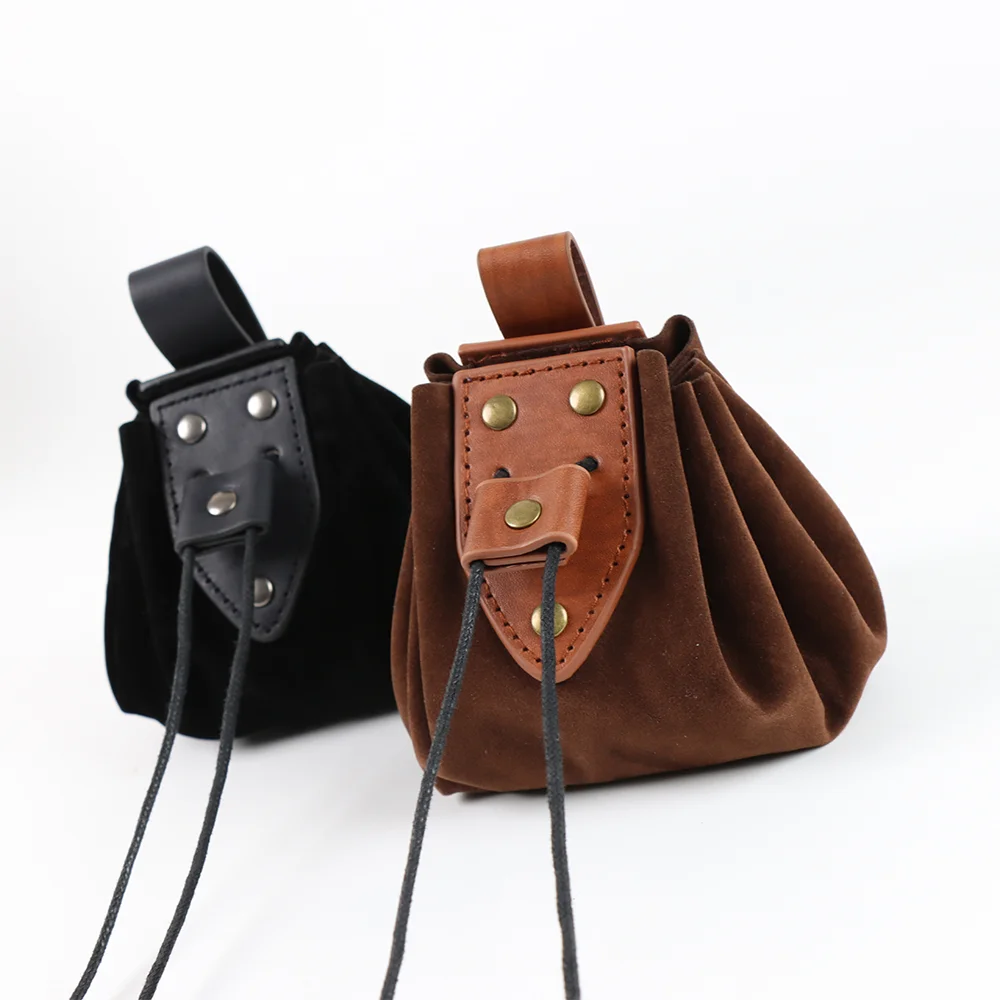 Vintage Medieval Faux Leather Coin Purse Drawstring Pouch for LARP Waist Bag Hanging Belt Coin Purse Cosplay Props