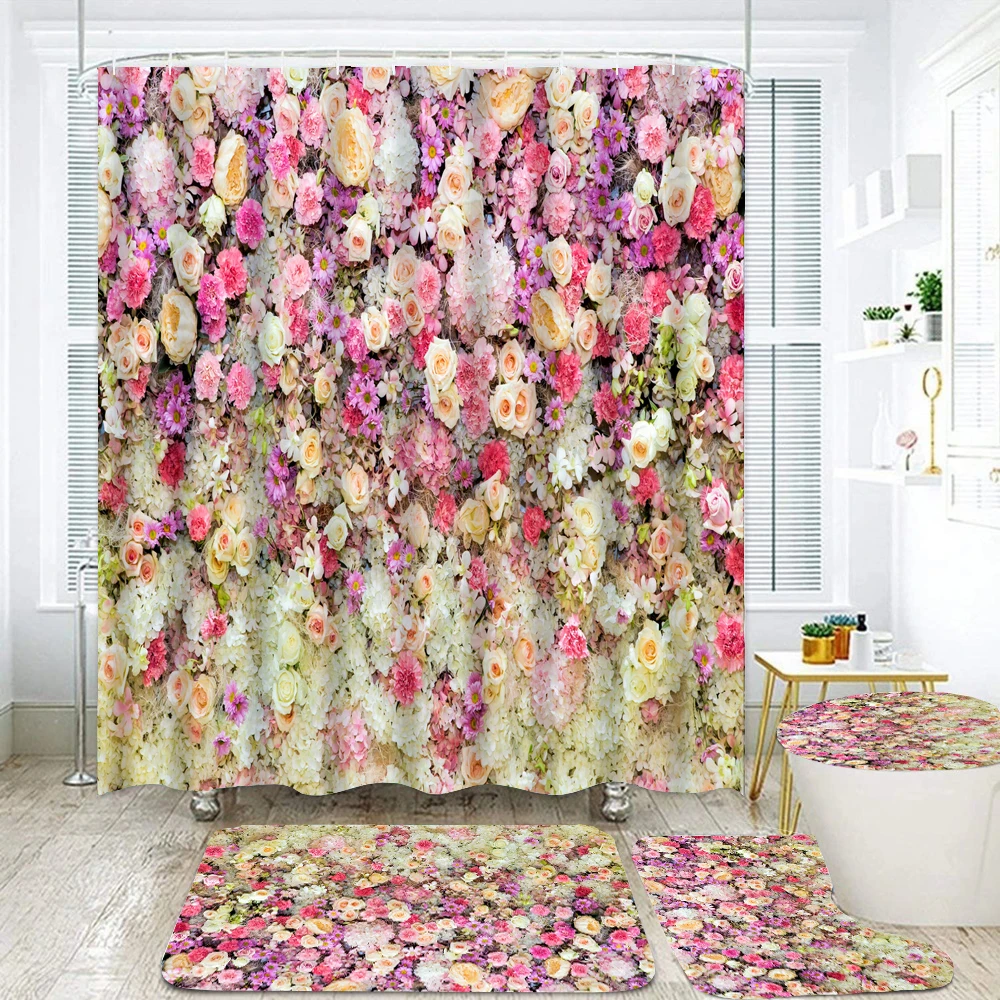 

3D Shower Curtains Set with Hooks Rose Flowers WallWaterproof Fabric Bathroom Curtain Non-slip Carpet Bath Mat Rug Toilet Cover