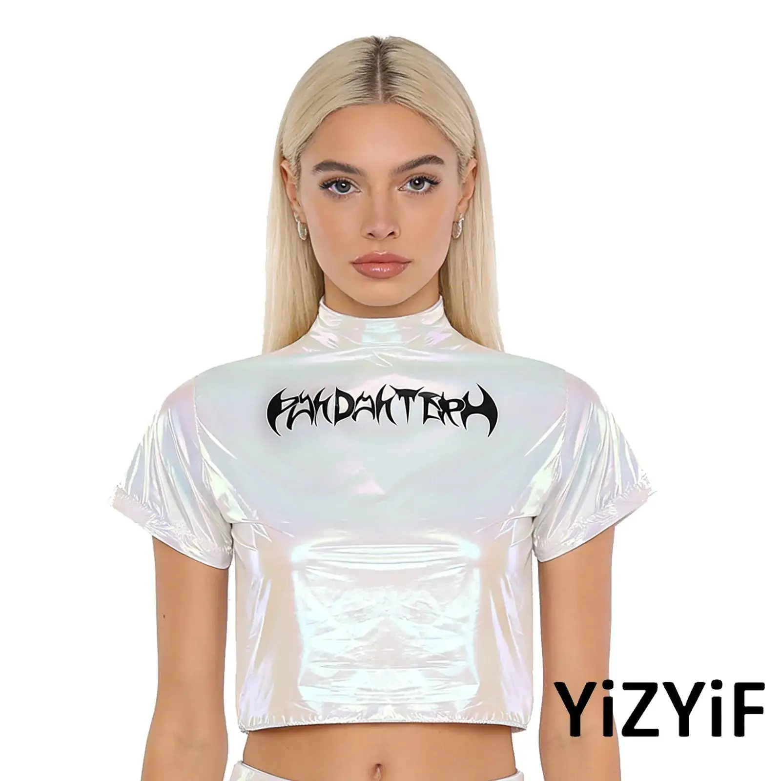 

Женский укороченный топ для джазовых танцев с металлическим принтом в стиле панк, укороченная футболка с короткими рукавами и молнией сзади для рок-вечеринки, клубная одежда