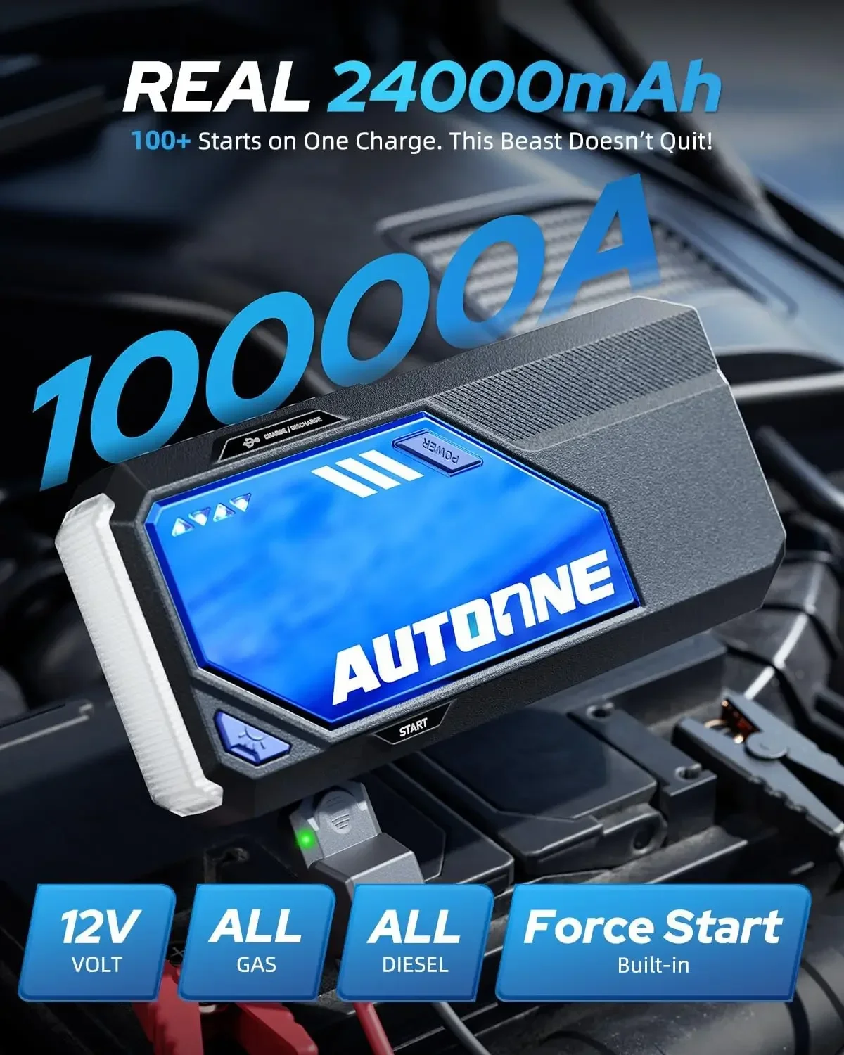 10000A Car Jump Starter 24000mAh Car Battery Jumper Starter Portable 12V (All Gas/All Diesel) 168W DC Jump Box for Car Battery w