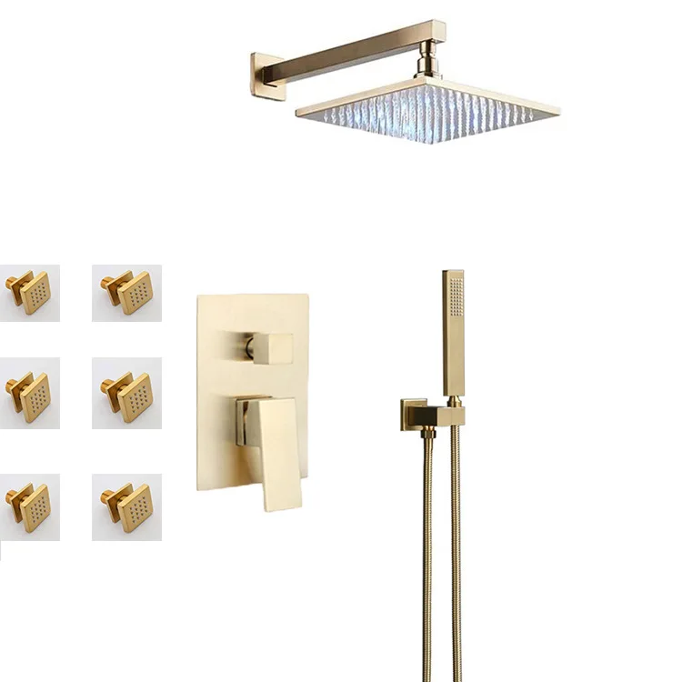 Brushed Gold Bathroom Shower Faucet Set Rainfall Concealed Shower System Single Handle Wall Mount Cold Hot Water Mixer Valve Tap