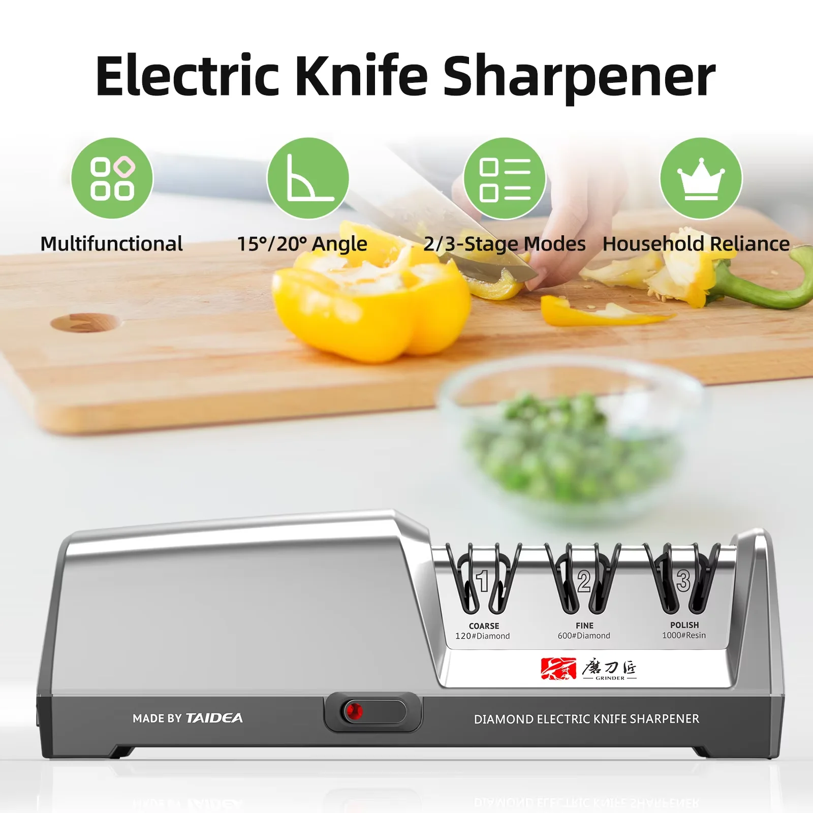 

TAIDEA TG2302 Electric Knife Sharpener–Stainless Steel 15 and 20 Degrees 3-Stage Setup Fast Sharpening & Polishing Functions
