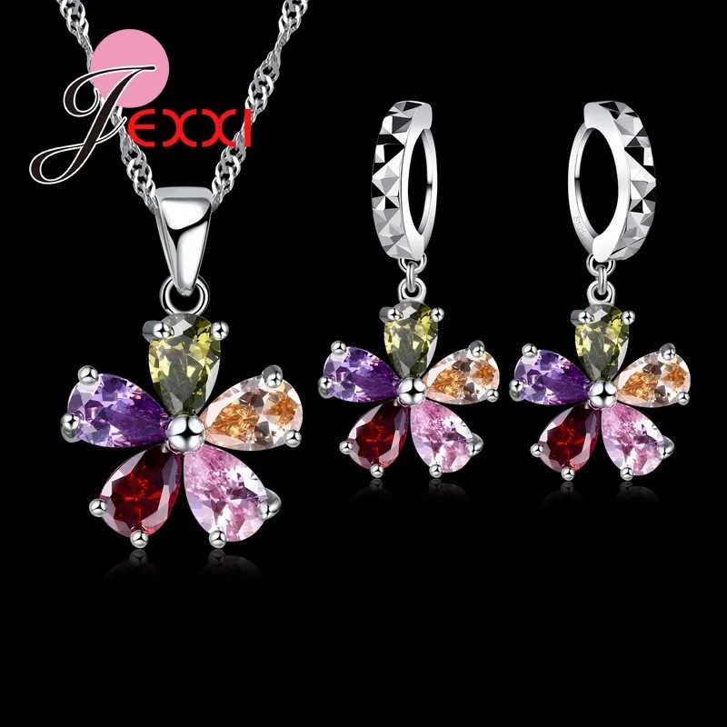 Conjuntos de joyería con colgante de cristal CZ colorido brillante de cinco pétalos de flores, regalo, collar de plata de ley 925 + conjuntos de pendientes de aro