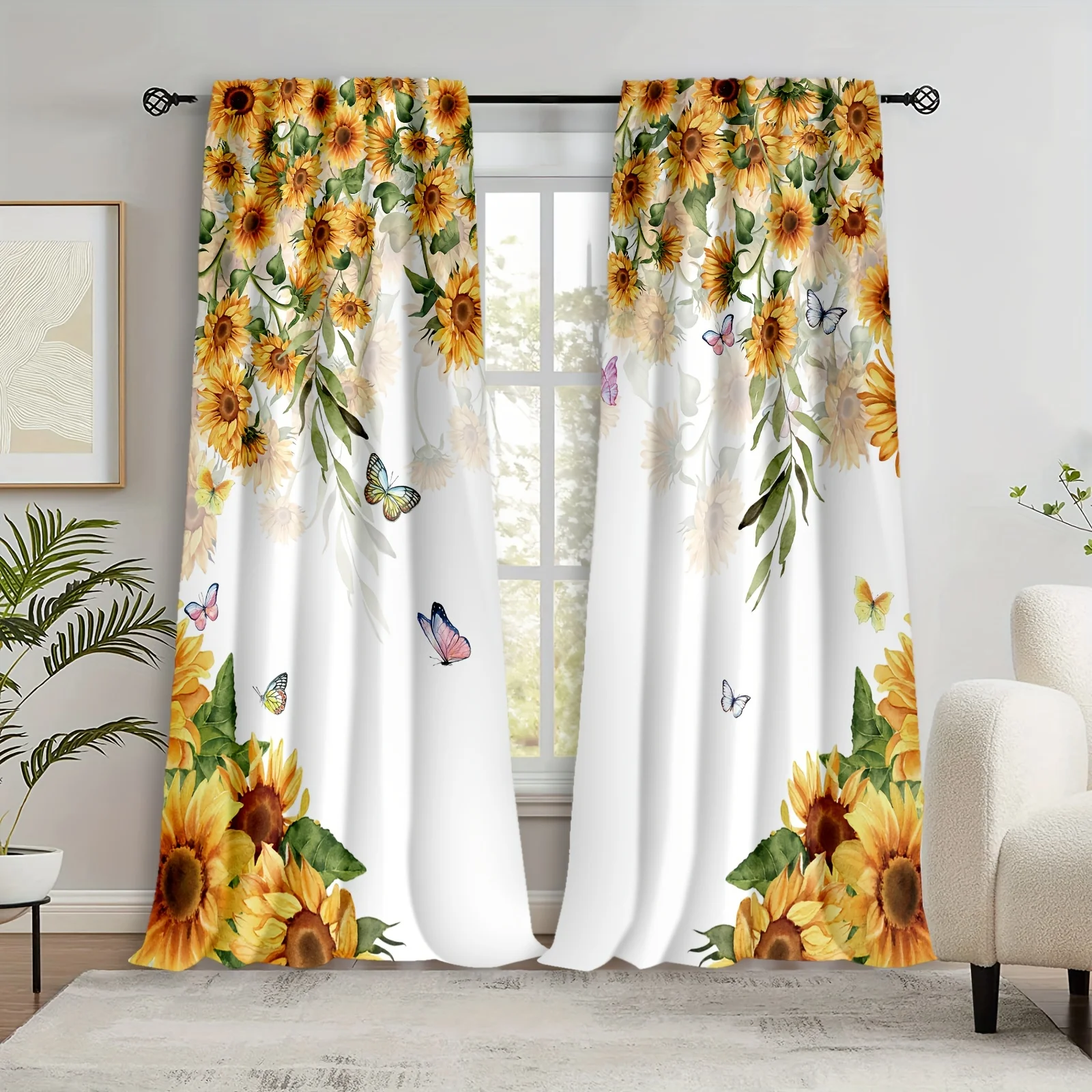 2panels Sunflower Printed Curtain, Nordic Rod Pocket Sunshade Window Treatment For Bedroom Office Kitchen Living Room Study Home