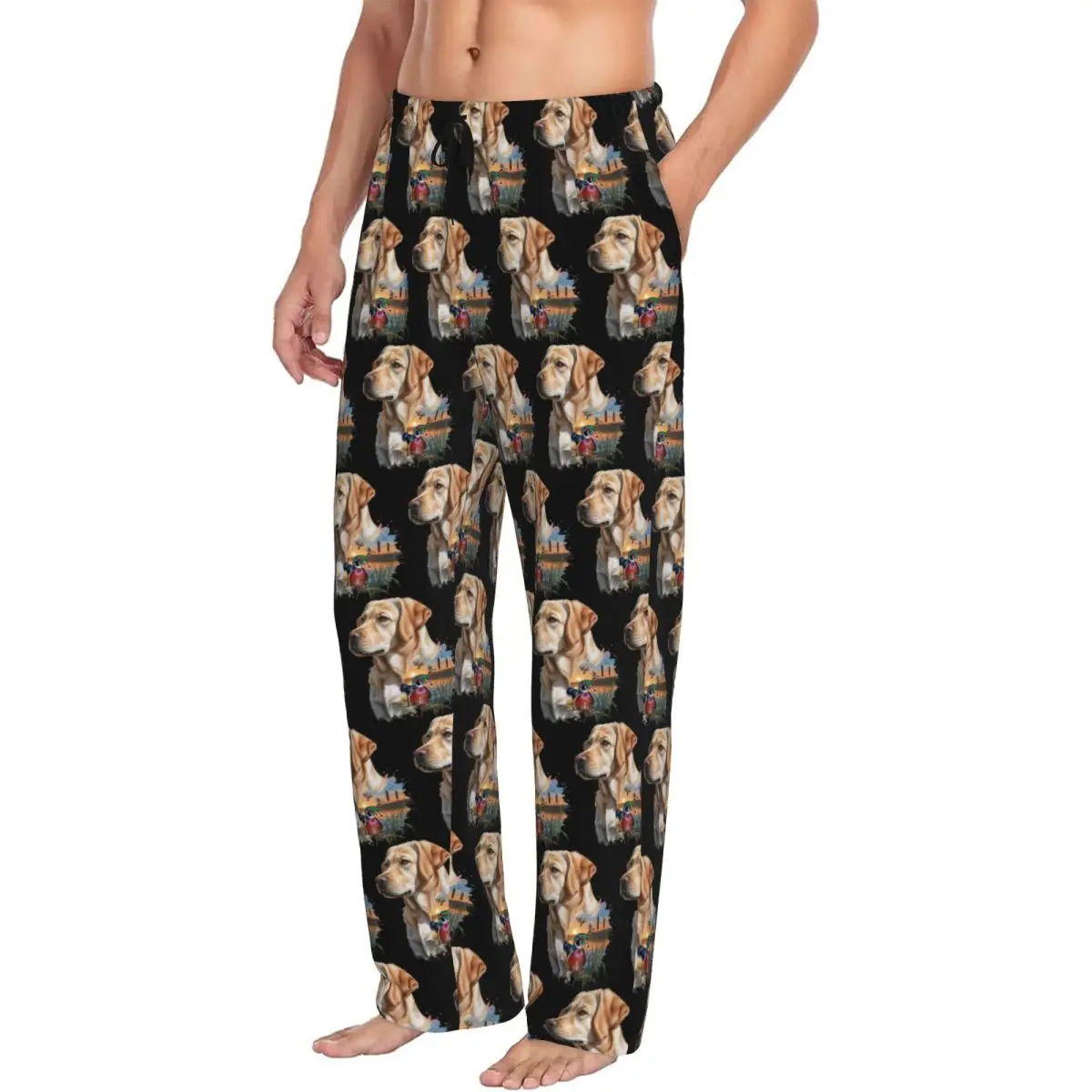 

Custom Yellow Labrador And Wood Duck Sunrise Men Pajama Pants Lounge Sleep Sleepwear Bottoms with Pockets
