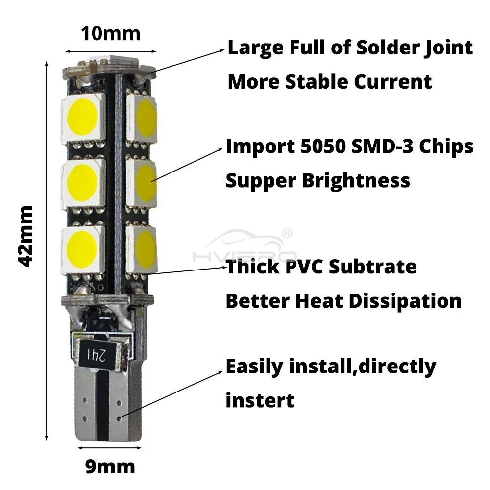 2 uds T10 194 W5W 5050 13smd bombillas LED blancas para estacionamiento luces de matrícula de maletero lámpara de señal de giro trasera DC 12V faro