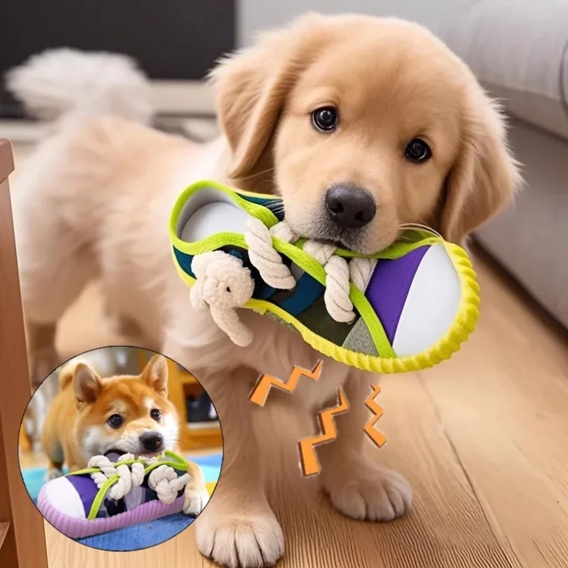 

Dog Squeak Toy Teeth Grinding Bite Resistant Slippers Shape Puppy Chew Toy With Cotton Rope Pet Chewing Toys Dog Toys
