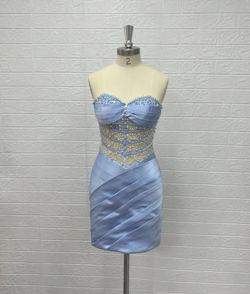 

Customized Sexy Satin Tiered Crystal Pearls Beading Straight Evening Dress Delicate Sleeveless Sweetheart Special Occasion Gowns