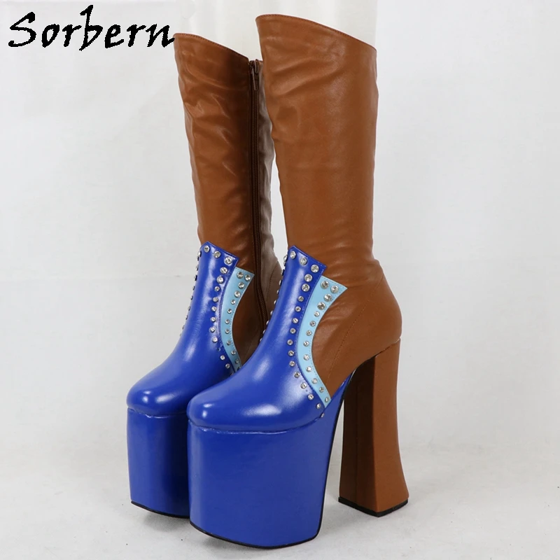 

Sorbern Brown Blue Crystal Knee High Boots Chunky Heeled Thick Platform Round Toe Custom Narrow Legs Rivets Drag Queen Shoes