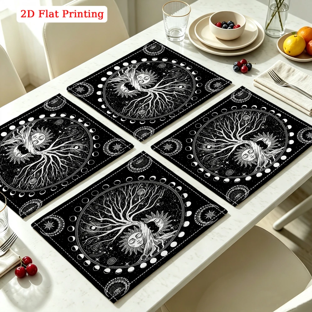 2Pcs Bohemian Placemat Black Tree Of Life Moon Phase Table Mat Kitchen Dining Decor Non Slip Heat Resistant 30X40Cm