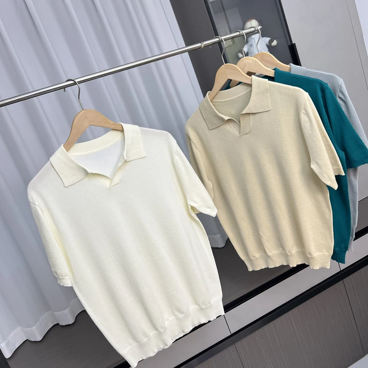 

Мужская летняя повседневная трикотажная рубашка с коротким рукавом, 6-игольная вязка, шелковая, модная, деловая, в джентльменском стиле