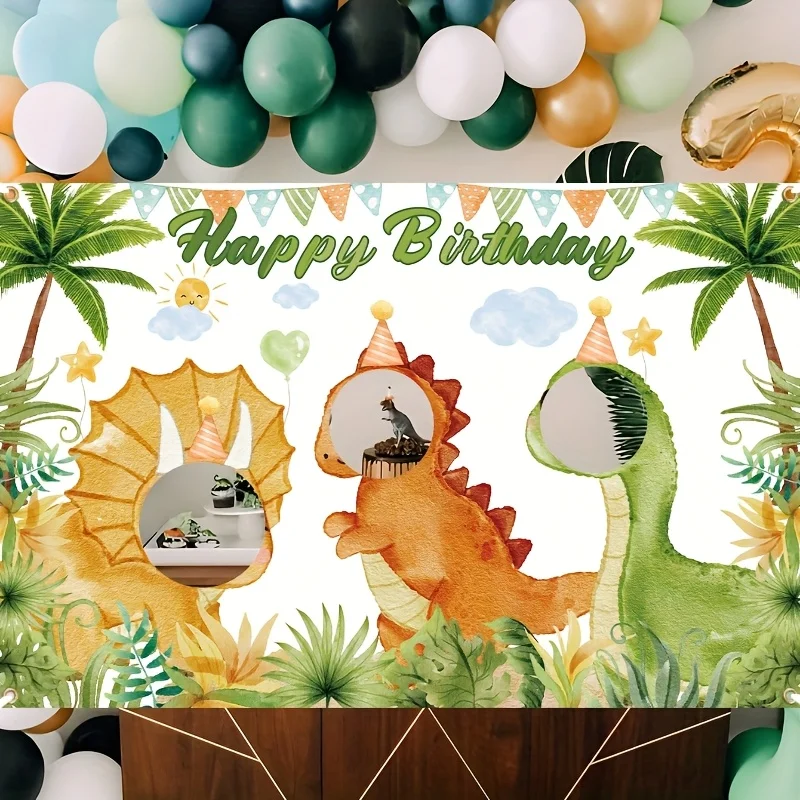 1. Happy Birthday-Banner mit Dinosaurier-Motiv, farbenfrohem Dinosaurier- und tropischem Blattdesign