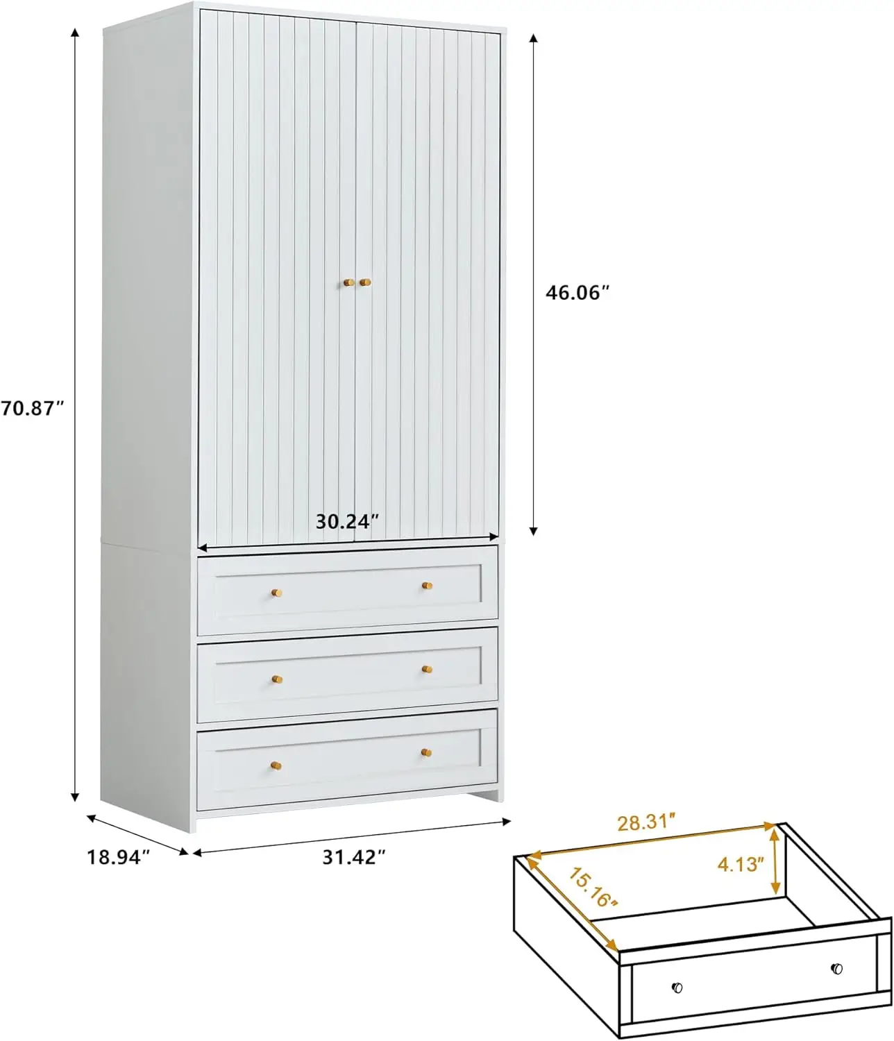 Wardrobe Armoire Closet, 2-Door Wardrobe Cabinet with 3-Drawer and Hanging Rod (White)