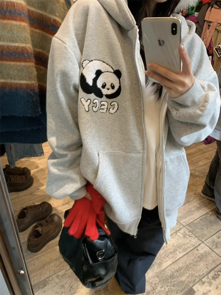 ADAgirl Kawaii Panda Graphic Hoodies for Women Embroidery Gray Oversized Sweatshirt Female Cutecore Tops Autumn Winter Clothes