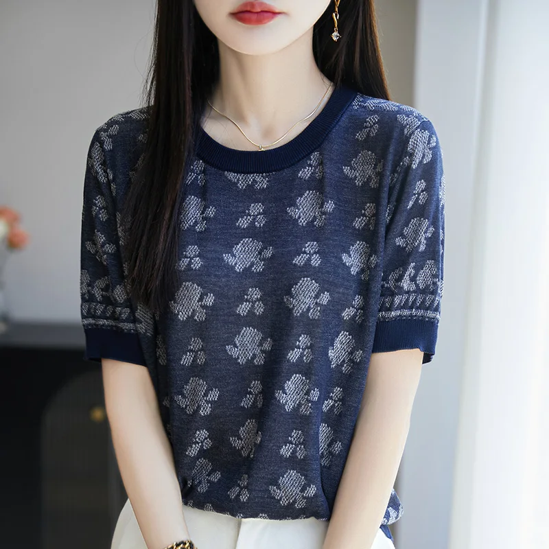 

25 Summer Thin Round Neck Design Jacquard Short Sleeve Female Joker Slim Contrast 100 Days Silk Lyocell T-shirt