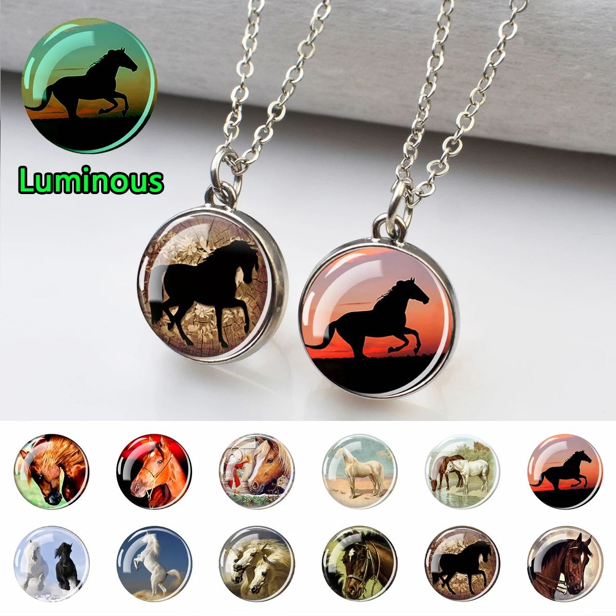 Luminous Horse Necklace Creative Steed Image Glass Ball Pendant Necklace for Women Men Fashion Charm Pendant Girl Jewelry Gifts