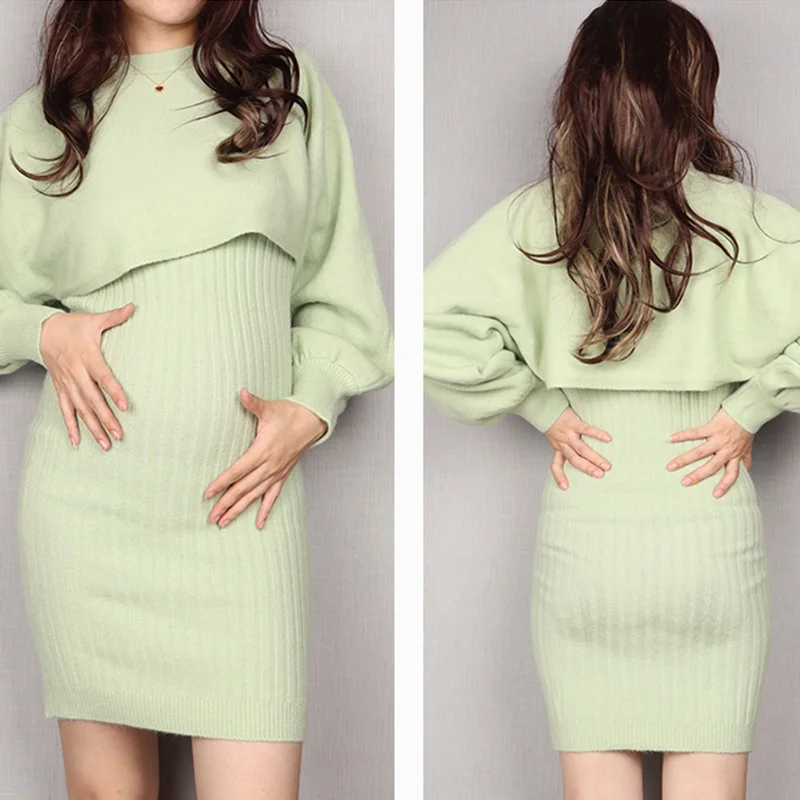 New Maternity Two Piece Set Autumn Winter Female Knitted Sleeveless Slim Sweater Dress And Women Crop Top Pregnant Wear