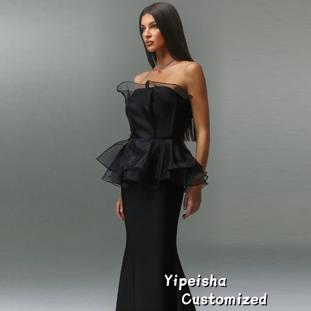 فستان سهرة أنيق مخصص بدون حمالات باللون الأسود مع تنورة حورية البحر للمناسبات الرسمية والحفلات الراقصة فساتين طويلة شبكية