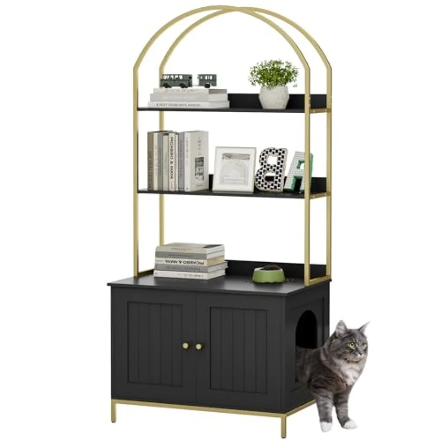 

Cat Litter Box Enclosure with 2-Tier Storage Shelves Wooden Cat Washroom Furniture with Metal Frame Modern Style Brown