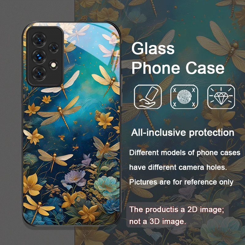 Funda de teléfono de cristal templado con libélula dorada y flor para Samsung Galaxy A06 A17 A55 A54 A53 A52 A36 A14 A31 5G, funda con patrón Floral