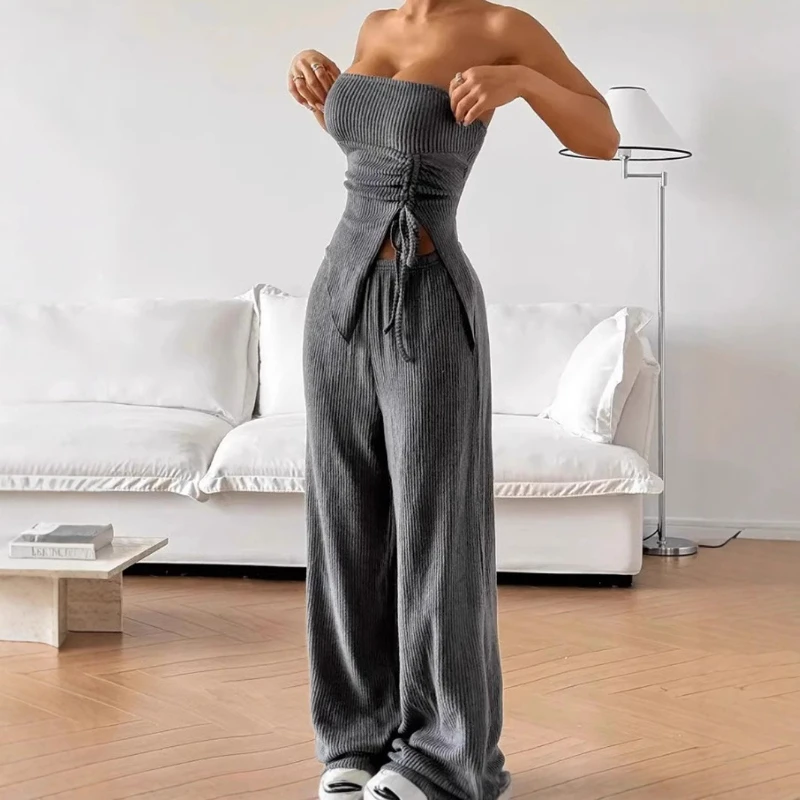 

Two Piece Pants Sets Casual Women's Fashion Solid Color Sexy Backless Drawstring Slit Short Tube Top Trousers Suits 2025 Street