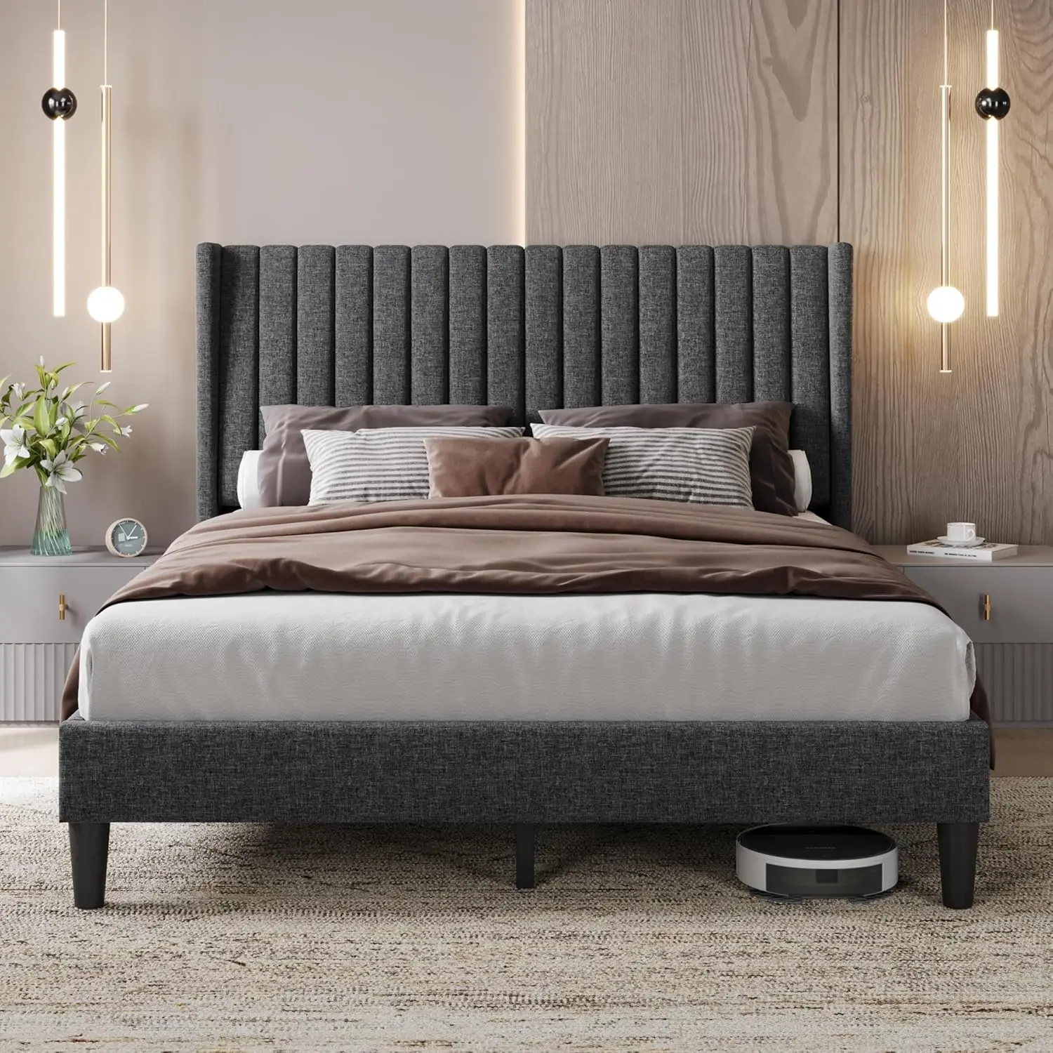 

Upholstered Platform Bed Frame Wingback Headboard Noise-Free Wooden Slats No Box Spring Queen Customized