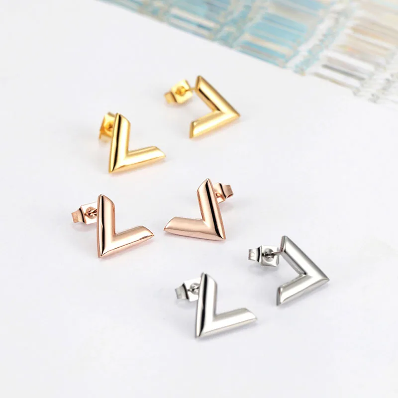 Trend Earrings Trend Luxury Brand Jewelry Simple Design V Letter Stainless Steel Stud Earring For Women Gold-Color Elegant Party