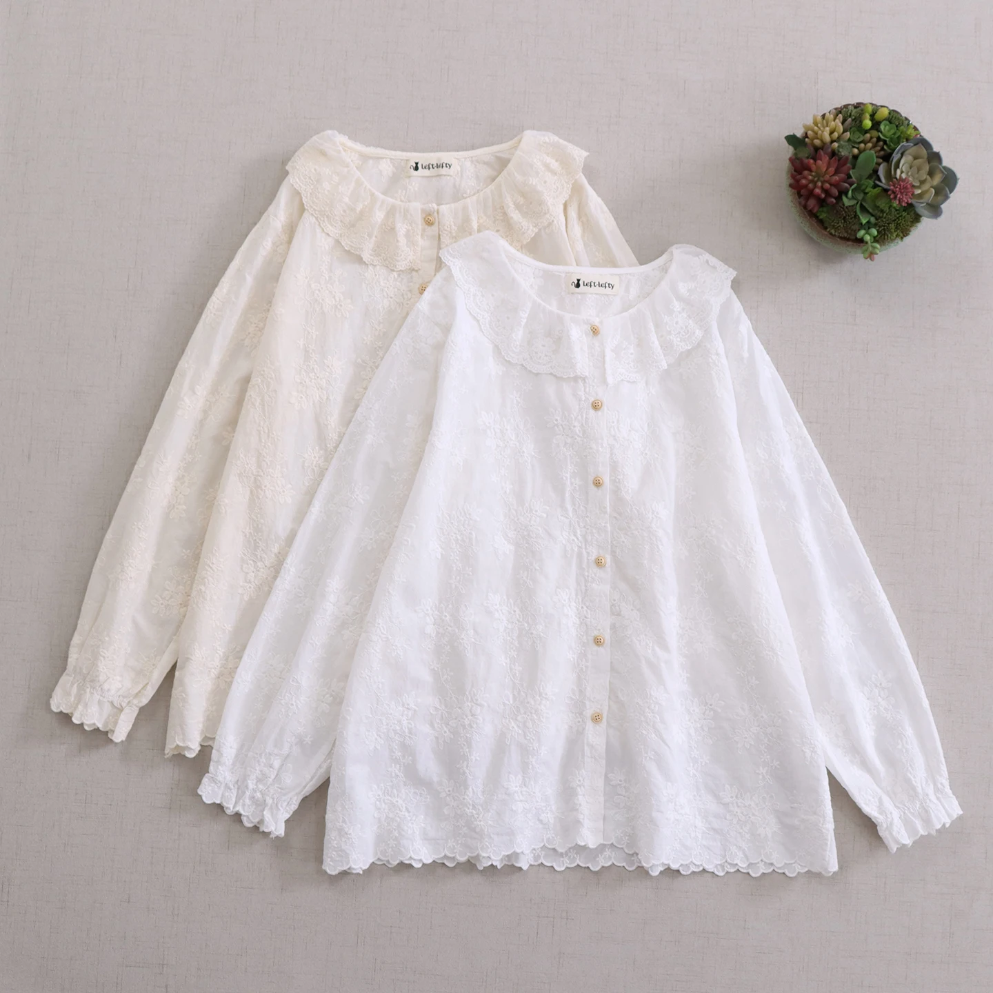 

Japanese Sweet Mori Girl Solid Color Embroidery Cotton Shirts Women Autumn Ruffled Collar Long Sleeve Casual Loose Blouse Tops