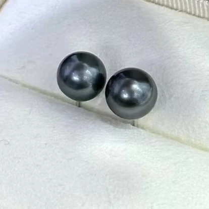

High Quality Natural Perfect Round 8-9mm Tahitian Pearl Stud Earrings With 925 Silver Nail for Jewelry