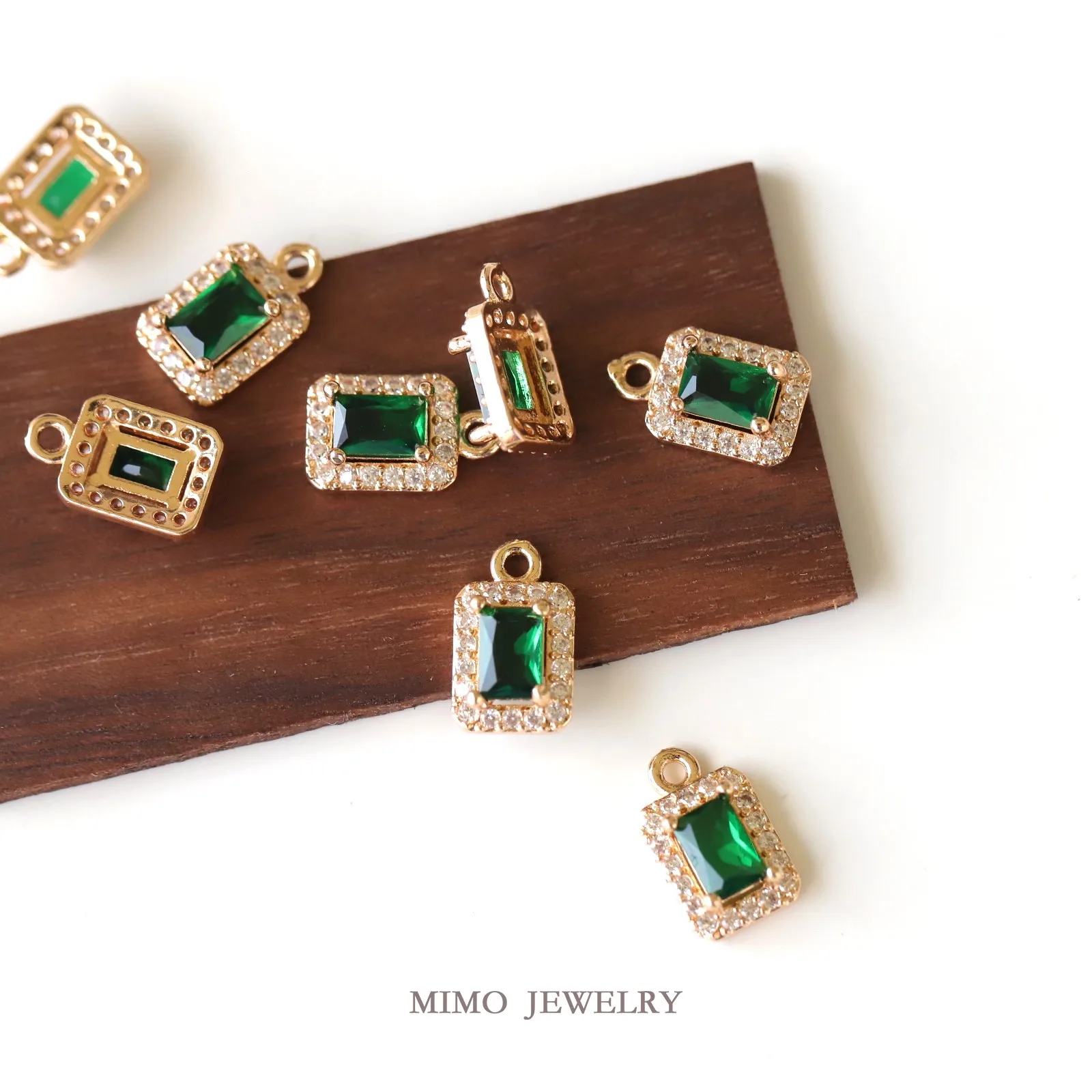 Rectangular Water Droplet Retro Emerald Micro Inlaid Zircon Edge Charms Pendant Supplies DIY Hand Brass Gold Plated Accessories