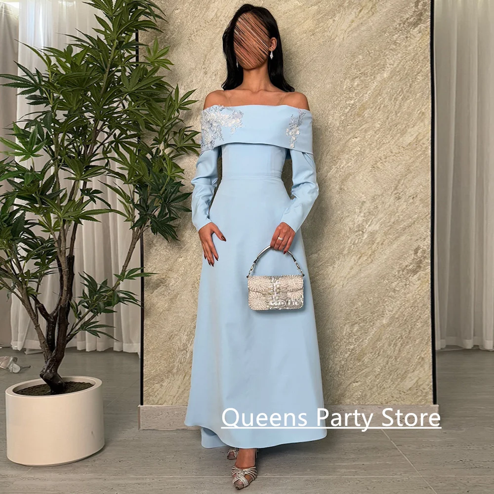

Customized Pale Blue Evening Dress Boat neck Long Sleeves Sequined Applique A Line Ankle Length Arabian Prom Party Gown