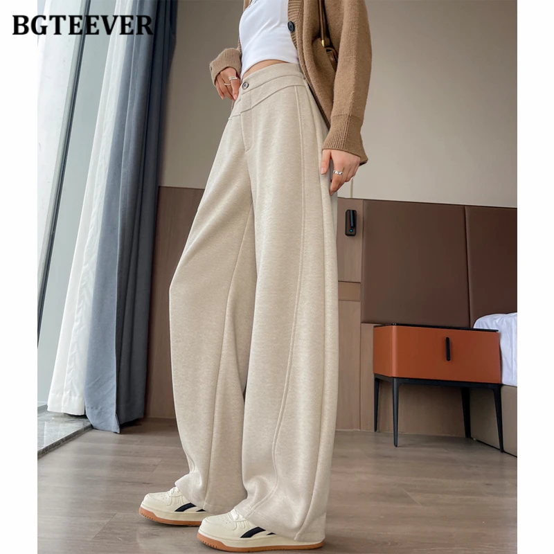 BGTEEVER Thicken Warm Ladies Trousers Autumn Winter High Waist Loose Thicken Velvet Wide Leg Pants Women