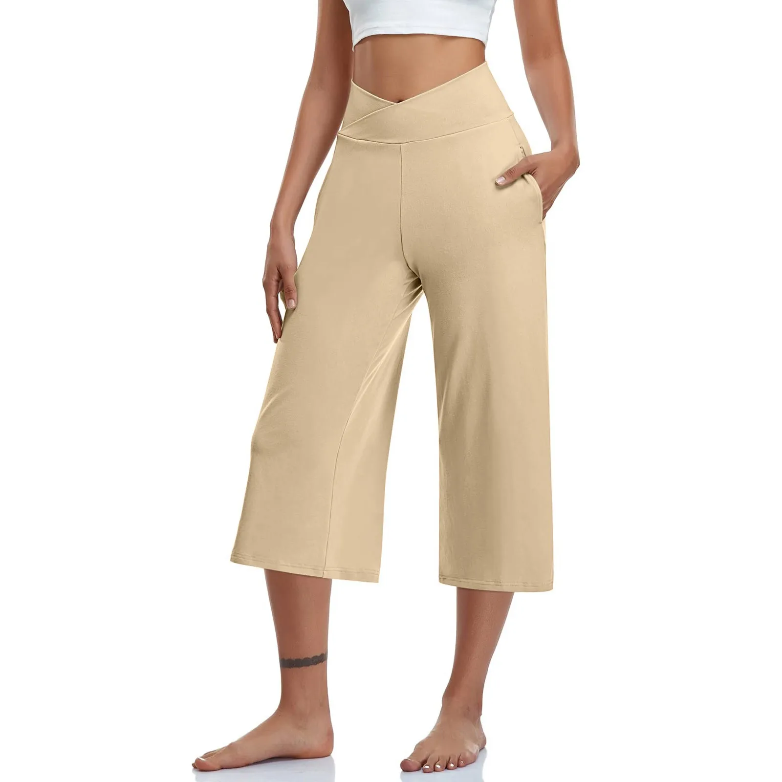 Capris de cintura alta elástica feminina, calça casual sólida, ajuste ativo, calças de perna larga com bolsos, verão, 3/4, 2022