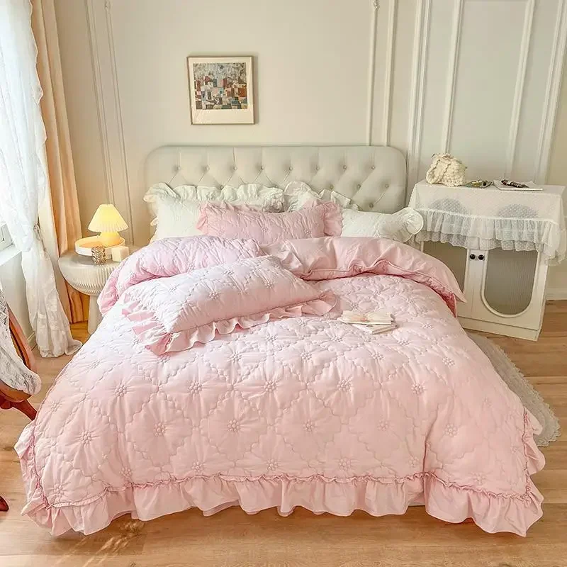 

Four Seasons All Cotton Bedding 4PC Solid Princess Style Girl Heart Quilt Cover Sheet Pure Cotton Bedding Supplies