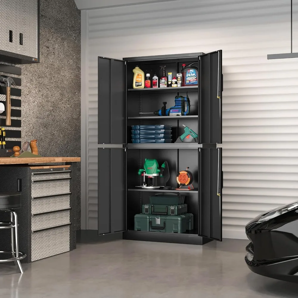 

Steel Storage Cabinet with Locking Doors, Black Storage Cabinet with 4 Doors and 3 Adjustable Shelves, Tall Metal
