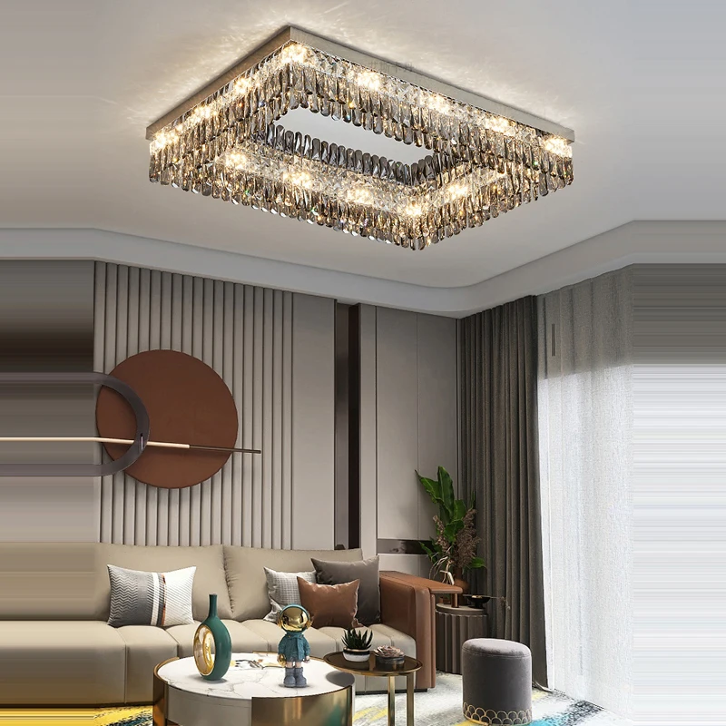 

LED Dimmable Gold Chrome Grey Crystal Rectangular Round Ceiling Lamps Lights Chandeliers Lamparas De Techo For Living Room