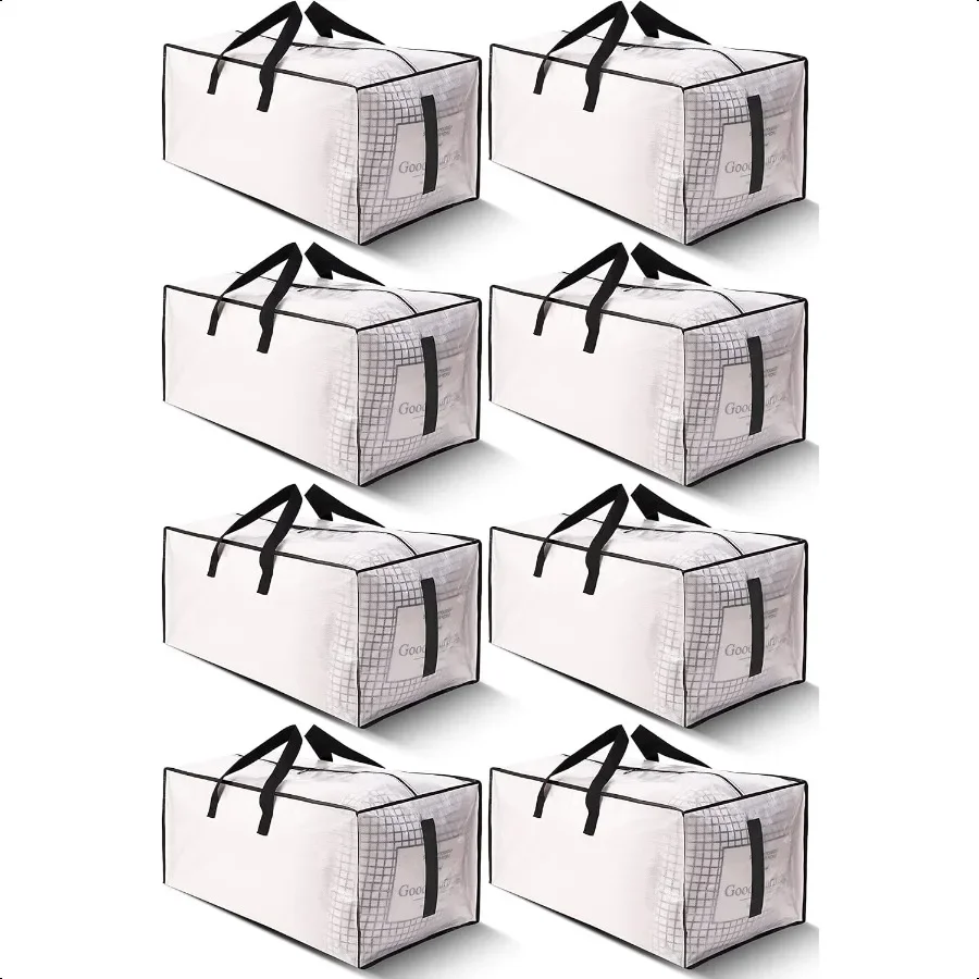 

8 Pack Large Strong Moving Bags with Zippers Carrying Handles WaterResistant Heavy Duty Storage Tote for Space Saving Fold Flat