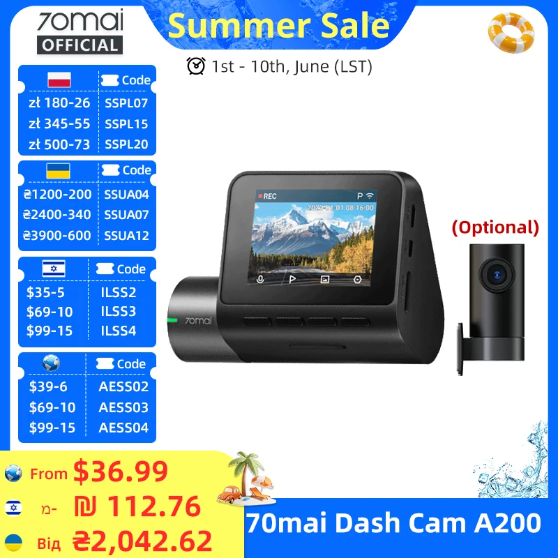 Globalna kamera samochodowa 70mai Dash Cam A200 z dwukanałowym nagrywaniem 1080P HDR, 2-calowym ekranem IPS, 24-godzinnym monitoringiem parkowania, rejestrator jazdy 70mai A200 WIFI APP 130 °   POWYŻSZONA WYDAJNOŚĆ (FOV)