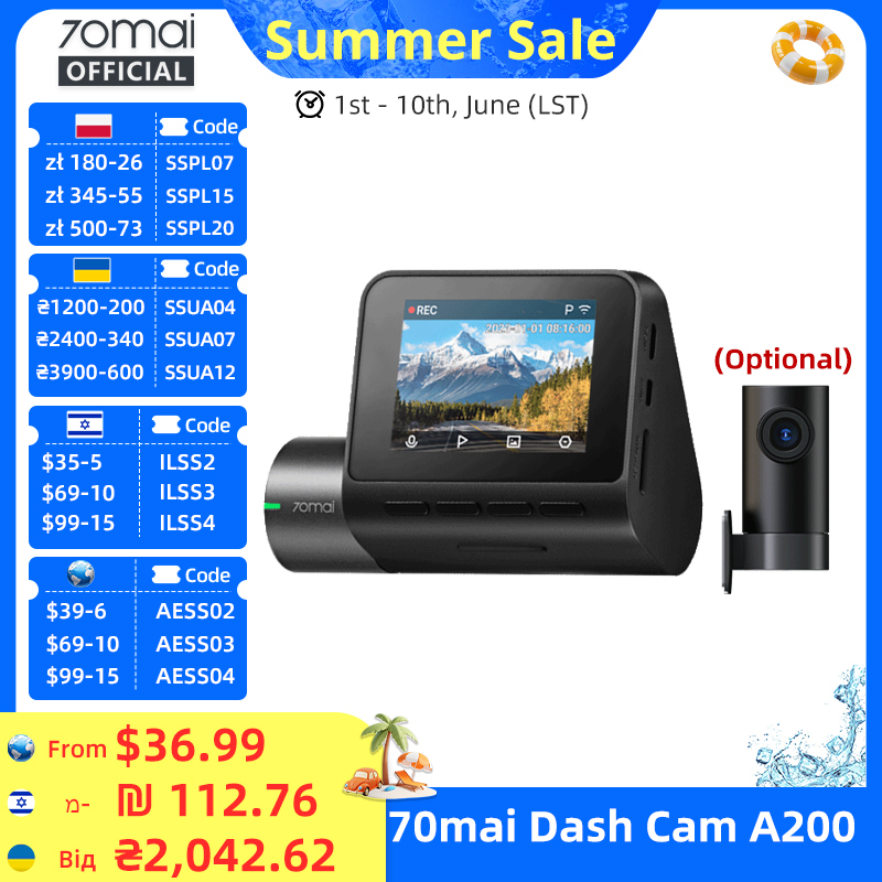  Global 70mai Dash Cam A200 Dual-channel Record 1080P HDR 2'' IPS Screen 24H Parking Monitor Car DVR 70mai A200 WIFI APP 130° FOV 