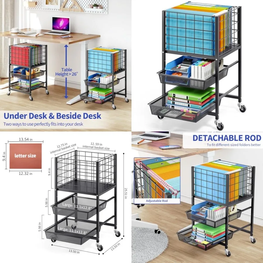

3-х уровневая тележка для файлов на колесиках TOOLF с металлическими ящиками для хранения и 2 раздвижными лотками для файлов Регулируемая подвесная штанга для организации различных вещей