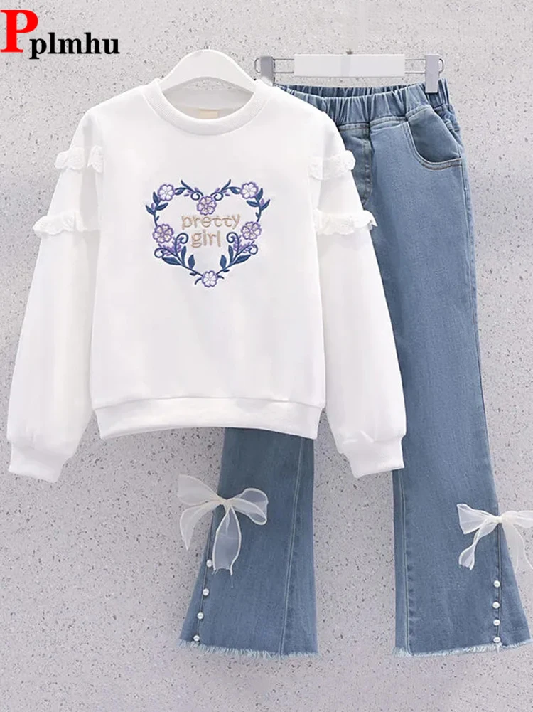 Spring Fall Girls Casual Conjuntos Sweet O Neck Sweatshirts Tops And Fashion Design Flare Jeans Ensemble Children\'s 2 Piece Sets