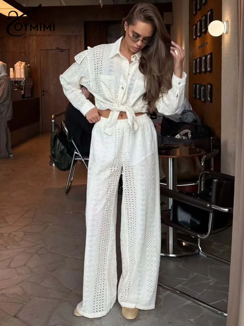 

Oymimi Fashion White Cotton 2 Piece Sets Woman Outfits Elegant Lapel Long Sleeve Button Ruffled Shirts And Straight Trousers Set