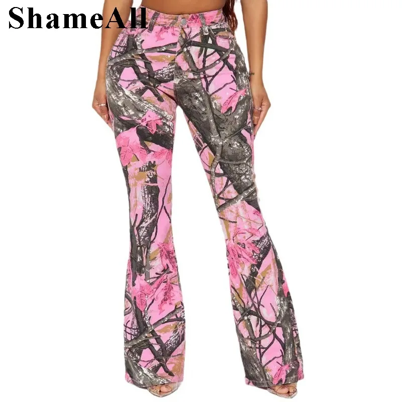 Women's High Waist Tree Branch Print  Pink Camouflage Micro Flared Pants